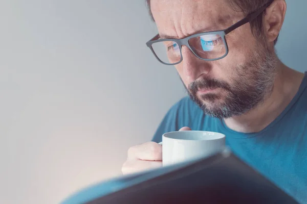 Headshot Portrait Mid Adult Male Eyeglasses Reading Book Drinking Coffee — Stock Photo, Image