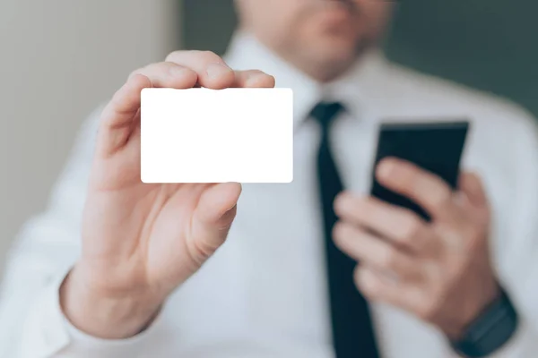 Businessman Showing Blank Business Card Mockup Copy Space Close Selective — Stock Photo, Image