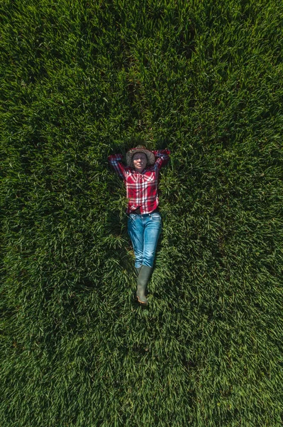 Vista Aérea Agricultor Fêmea Que Coloca Campo Trigo Verde Descansando — Fotografia de Stock