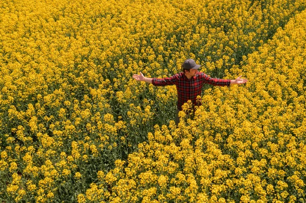 Luftaufnahme Eines Selbstbewussten Erfolgreichen Männlichen Bauern Der Einem Blühenden Rapsfeld — Stockfoto