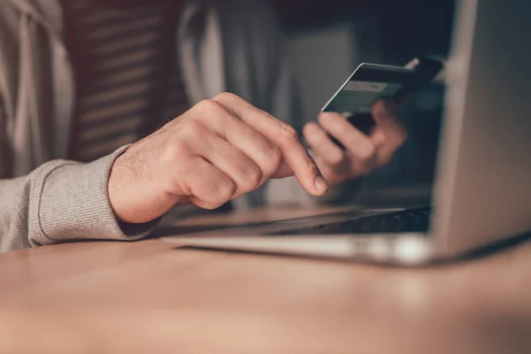 Freelance Worker Using Banking Service Making Online Payment Debit Card — Stock Photo, Image