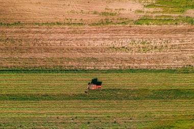 Yonca hasat eden tarım traktörünün hava görüntüsü, İHA pov 'un üst görüntüsü.