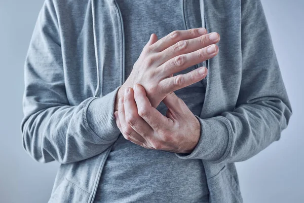 Rheumatoid Arthritis Man Suffering Severe Pain Wrist Close Selective Focus — Stock Photo, Image