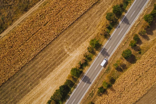 Minivan Fährt Sommernachmittagen Durch Die Landschaft Luftaufnahme Aus Der Drohne — Stockfoto