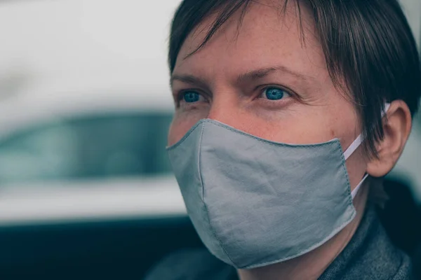 Woman Protective Face Mask Waiting Car Covid Pandemics Selective Focus — Stock Photo, Image