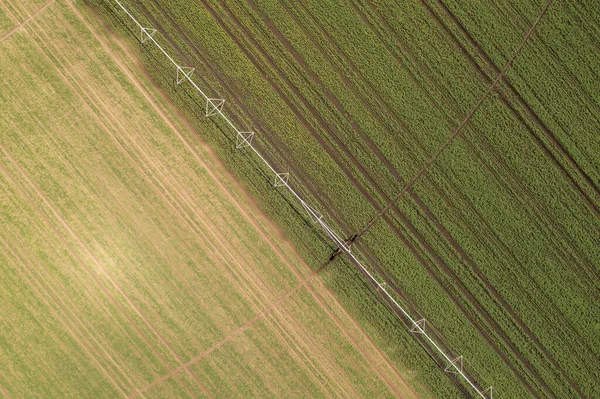 中央ピボット灌漑装置の空中ビューは 農場のプランテーションで緑大豆苗を散水 ドローンのPov映像 — ストック写真