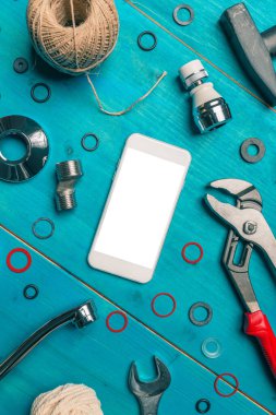 Tesisatçı DIY özel uygulama akıllı telefon modeli, cep telefonu boş ekran, üst görünüm