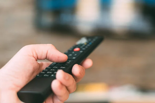 Male Hand Holding Television Remote Controller Close Selective Focus — Stock Photo, Image
