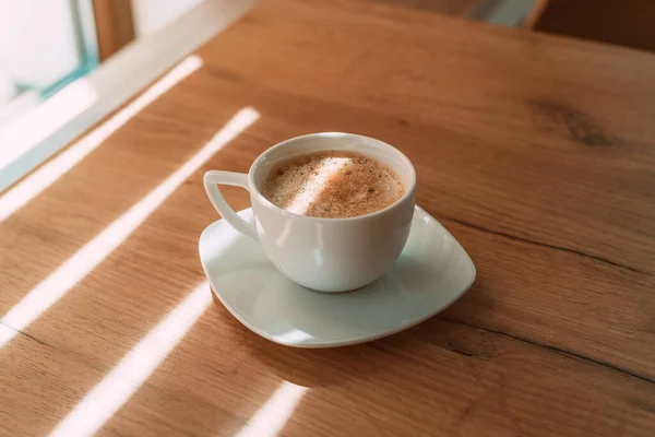 Erster Kaffee Morgen Kaffeetasse Auf Dem Tisch Mit Kopierraum Und — Stockfoto