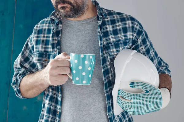 Byggingenjör Morgonkaffepaus Avkopplande Och Förberedelse För Arbetet — Stockfoto