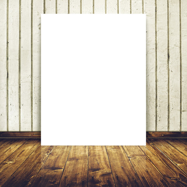 Blank poster as copy space template for your design in Vintage empty Room interior with white concrete brick wall and wooden floor.