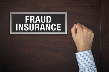 Businessman knocking on Fraud Insurance door clipart