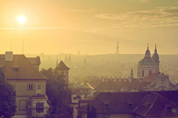 Prague City Morning Skyline, View of the Lesser Town or Little Quarter from the walls of Prague Castle.