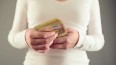 kadın 50 euro banknot sayma. maaş ve ev maliyesi kavramı