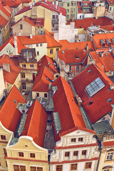 Prague roodtops. Beautiful aerial view of Czech baroque architecture with red roofs.