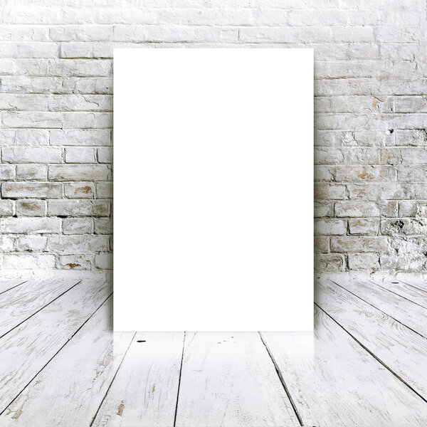 Blank poster as copy space template for your artwork or design in Vintage empty Room interior with white brick brick wall and wooden floor.