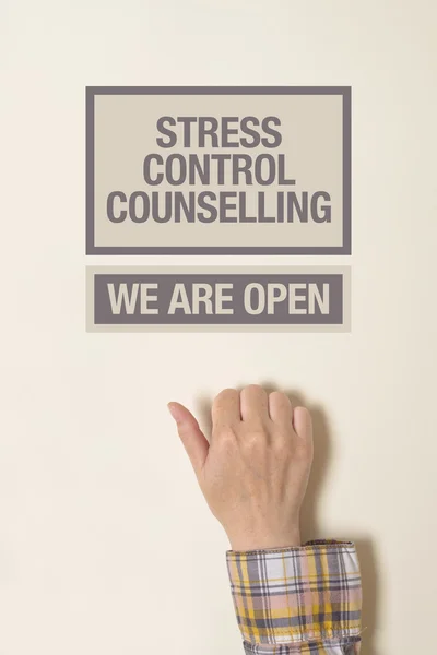 Hand is knocking on Stress Cotrol Counselling door — Stock Photo, Image