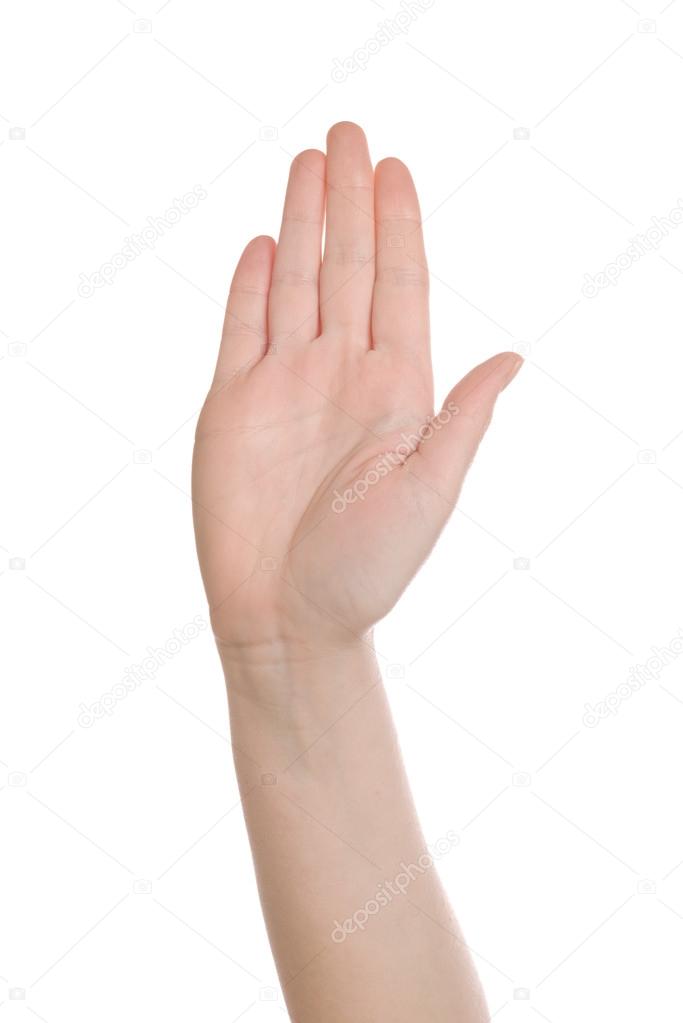 Hand making Stop sign on white background