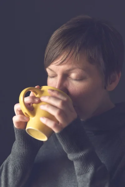 Mulher bonita bebendo chocolate quente pela manhã — Fotografia de Stock