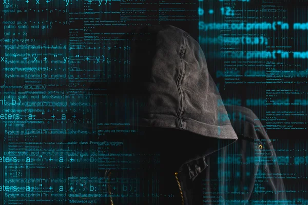 Faceless hooded anonymous computer hacker — Stock Photo, Image