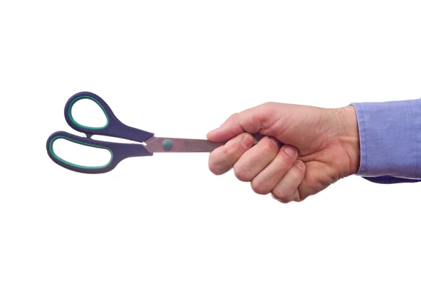 Male worker's hand holding scissors — Stock Photo, Image