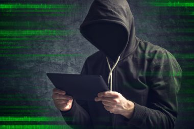 Anonymous unrecognizable man with digital tablet computer clipart