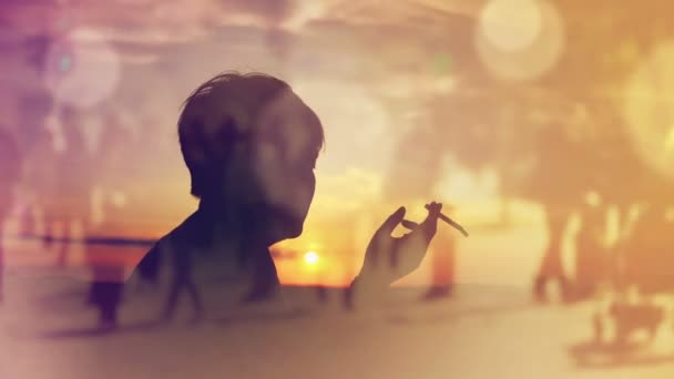 Silhouette of a Woman Smoking Cigarette in Sunset, Thinking About the Past Times, 1920x1080 full HD — Stock Video