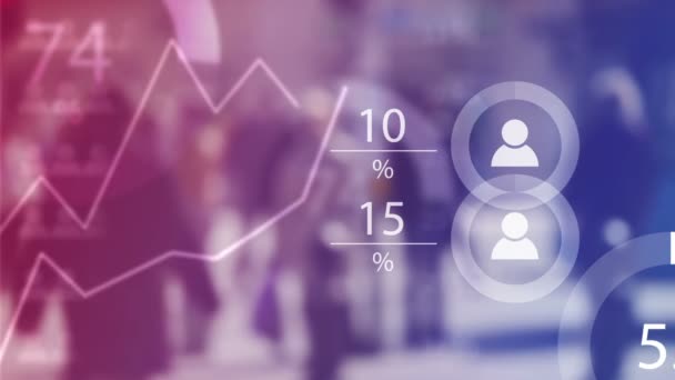 World Population Data Presentation Concept with Blur People Crowd and Animated Charts with Porcentage Numbers — Vídeos de Stock