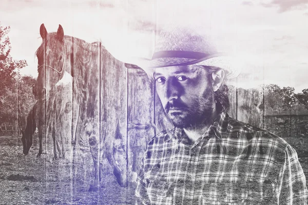 Cowboy Farmer wearing Straw Hat on Horse Ranch — Stock Photo, Image