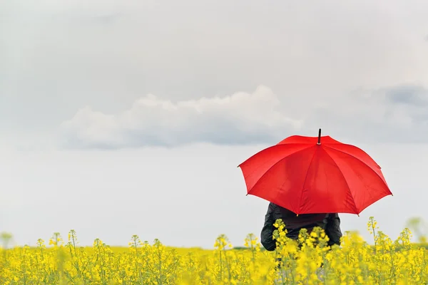 Osoba z czerwony parasol stojący w rzepaku Rapseed Agricultura — Zdjęcie stockowe