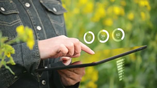 Agriculteur femelle utilisant un ordinateur tablette numérique pour visualiser les graphiques infographiques dans le champ agricole cultivé de colza oléagineux 