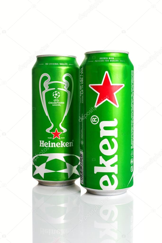 NOVI SAD, SERBIA - MAY 14, 2015: Heineken Beer Can with UEFA Champions League Logo as Illustrative Editorial. This Brewer has Extended its Sponsorship of Europe's Soccer Tournament for Three Years.