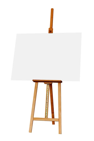 Easel de madera con lienzo de pintura en blanco aislado en respaldo blanco — Foto de Stock