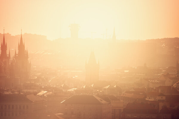 Beautiful Panoramic View of Prague Cityscape with Distinctive Architecture Landmarks on Misty Morning, Vintage Retro Tone effect