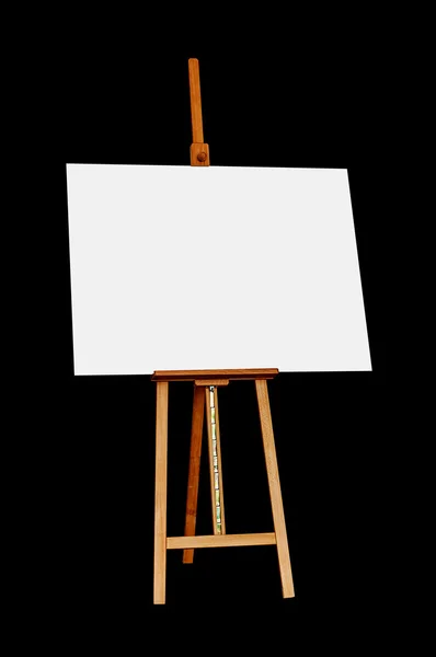 Easel de madera con lienzo de pintura en blanco aislado en respaldo negro —  Fotos de Stock