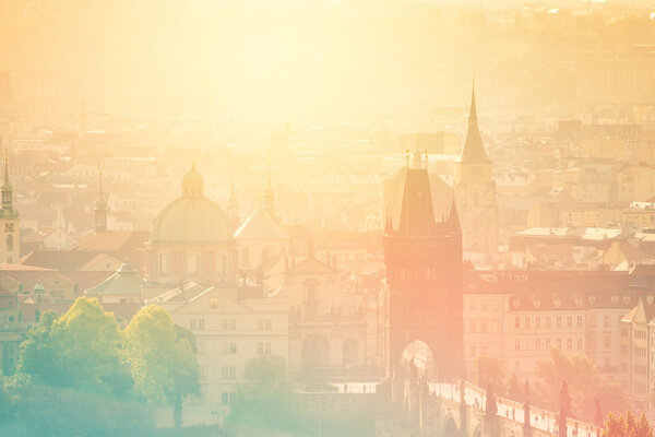 Beautiful Panoramic View of Prague Old Town Cityscape with Distinctive Architecture Landmarks on Misty Morning, Vintage Retro Tone effect