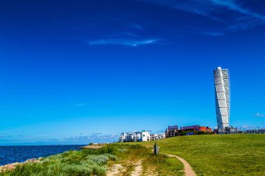 Turning Torso ile İsveç Malmö Batı liman alanı Cityscape