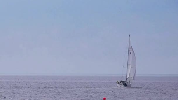 Small Sailing Yacht Boat at Sea, Sailboat Cruising Offshore — Stock Video