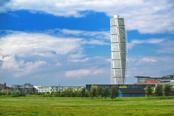 MALMO, SWEDEN - JUNE 29, 2015: Malmo Turning Torso, Distinctive Swedish City Landmark is the Tallest Building in Sweden and Scandinavia, Completed in 2005.
