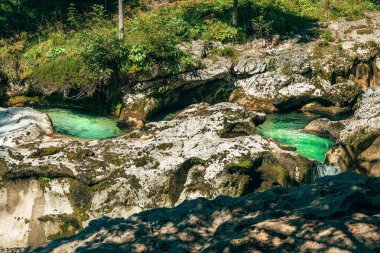 Slovenya 'nın Triglav Ulusal Parkı' ndaki Mostnica nehrinin hızlı akan nehirleri el değmemiş dağlarla çevrilidir. Seçici odak.