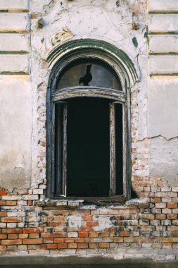 Hasarlı tarihi pencere çerçevesi, kırık boya, çatlak alçı ve çürüyen mimari detaylar. Dikey resim.