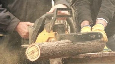 Elektrikli testere ile ahşap kütükleri kesen erkekler