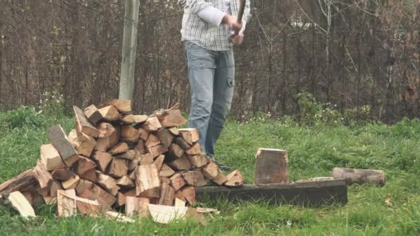 Drwal cięcia kłody drewna z siekierą — Wideo stockowe
