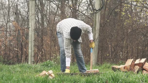 Madera aserrada cortando troncos con hacha — Vídeo de stock