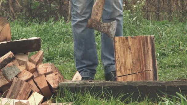 Lumberjack cutting firewood with axe — Stock Video