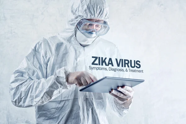 Concepto de virus del Zika, trabajador médico con ropa protectora —  Fotos de Stock