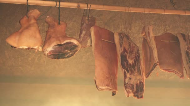 Smoking pork meat and bacon — Stock Video