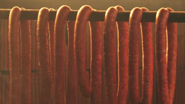 Saucisses fumées maison, viande de porc séchée — Video