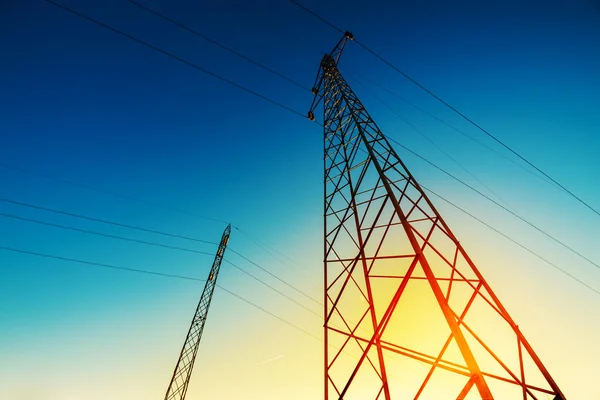 High voltage electricity pylon with wires, low wide angle view — Stock Photo, Image