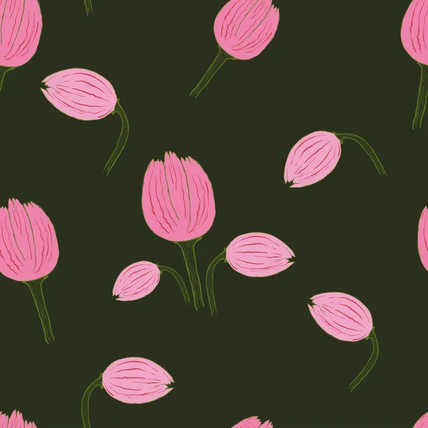 Patrón floral decorativo sin costuras con tulipanes rosados en la espalda oscura — Vector de stock